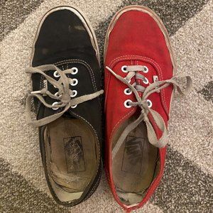 Jen Pop well-worn red + black mix-matched authentic vans